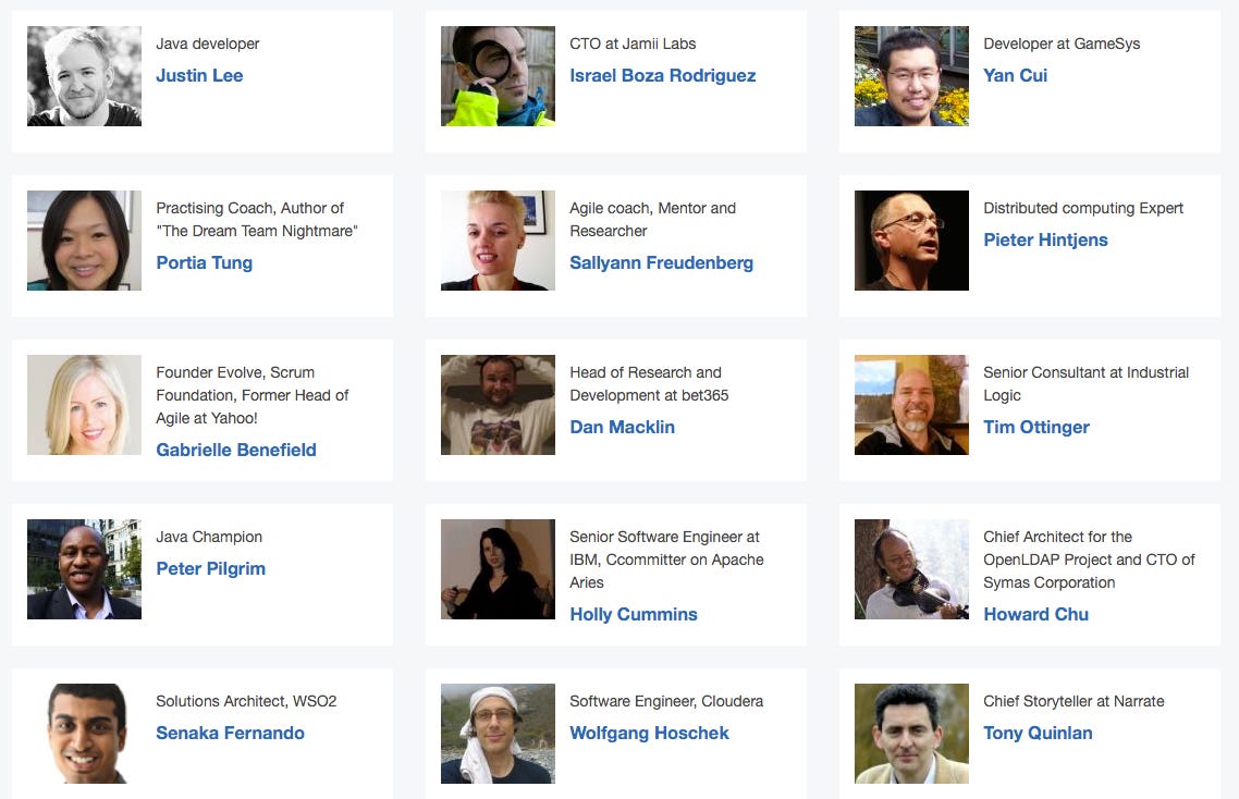 Screenshot of part of QCon's web site, showing 15 speakers, with headshots, names, and 1-line summary. The faces show a variety of skin colours and gender expressions.