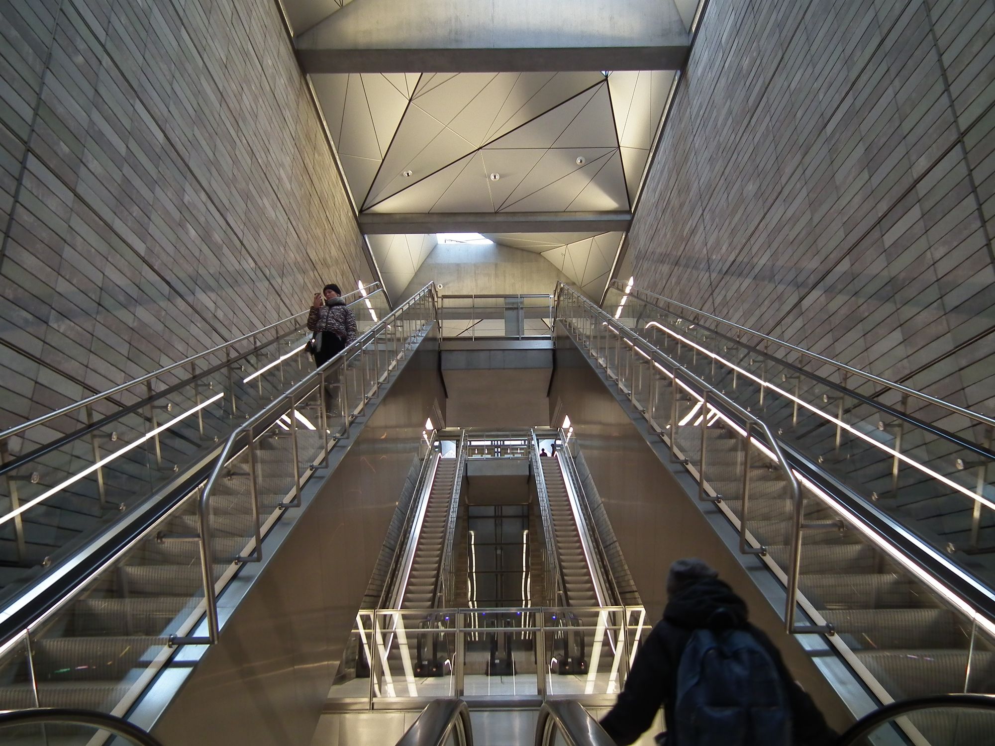 From one of the mezzanine areas, looking up towards the exit. Everything looks light and clean.