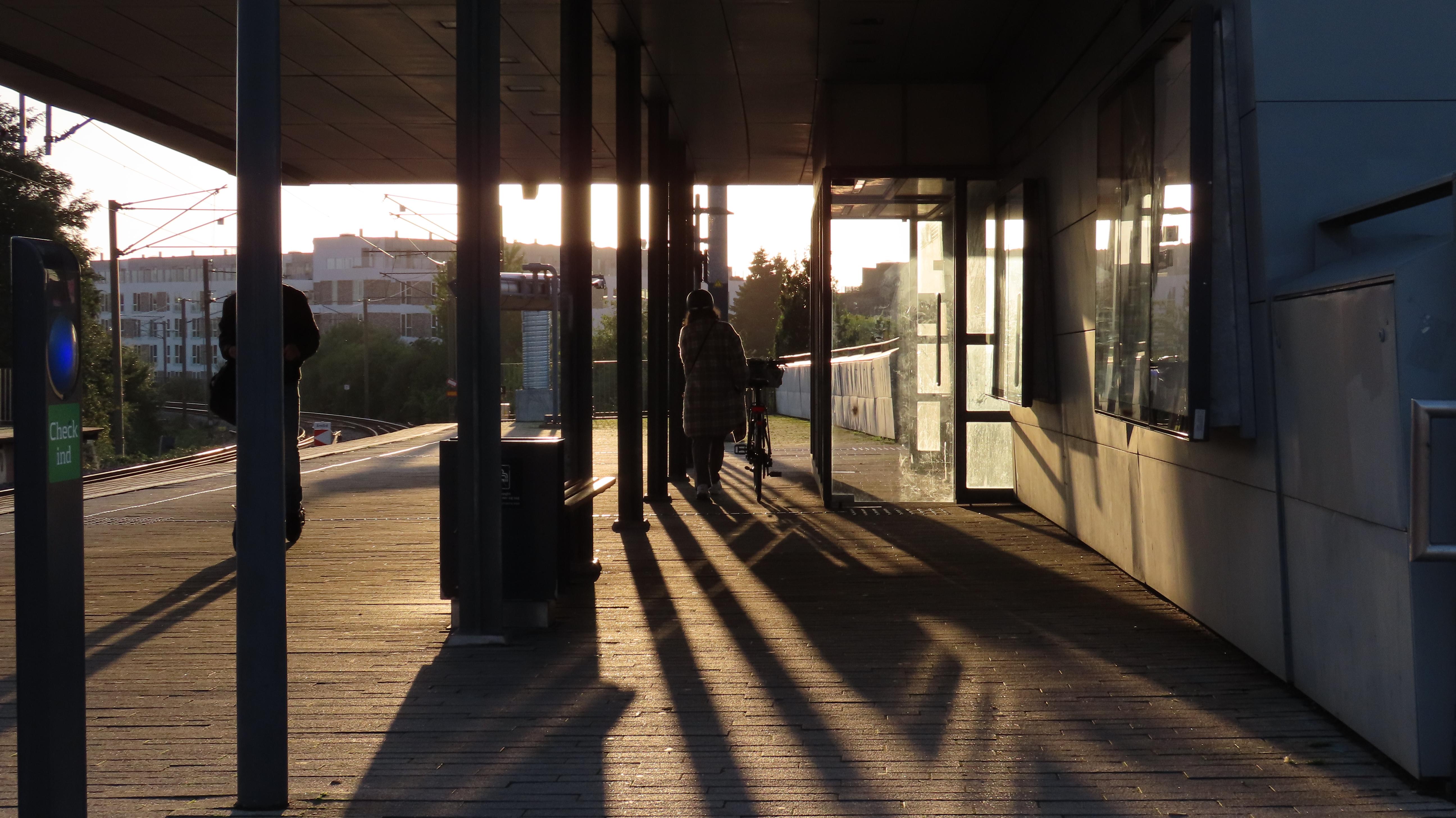 People waiting on a train station platform. The sun is directly in front of us, and quite low, but we can't directly see it. What we do see is the long shadows cast by people, pillars, and other objects on the platform.